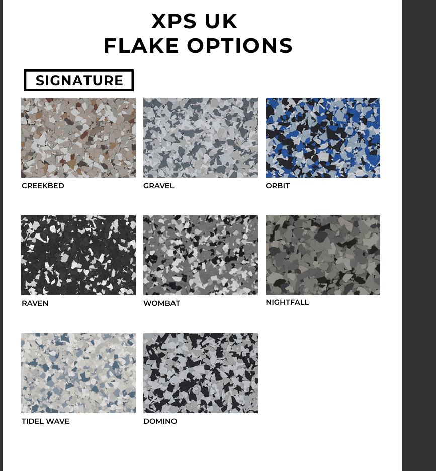 Epoxy flake flooring sample in Domino colour
