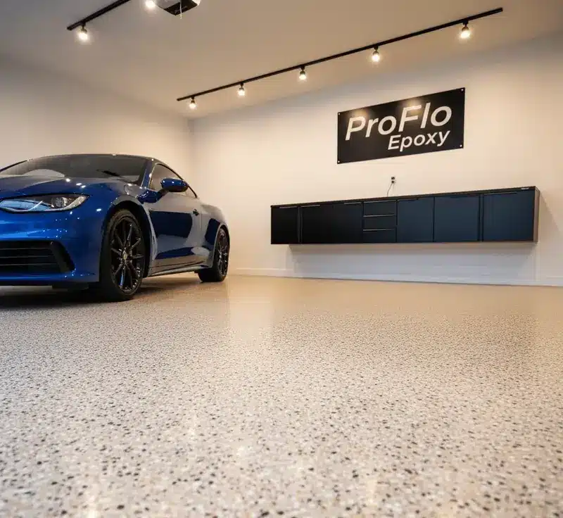 Illustration of a garage with decorative flake flooring