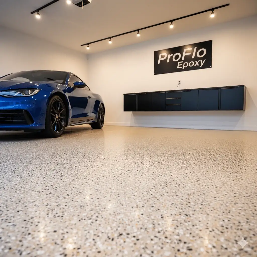 Illustration of a decorative flake floor in a garage